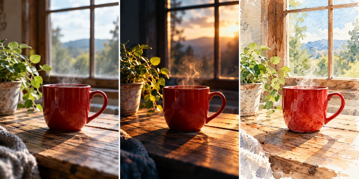 Ein identisches Motiv in fotografischer, filmischer und Aquarell-Gestaltung